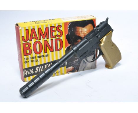 Lone Star James Bond 007 Toy Cap Pistol with Silencer. Displays good, in working order, with fair repaired original box. 