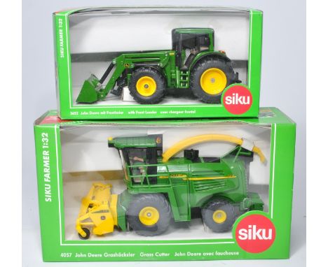 Siku 1/32 diecast farm model issues comprising John Deere Forage Harvester and John Deere Tractor and Loader. Both look to be