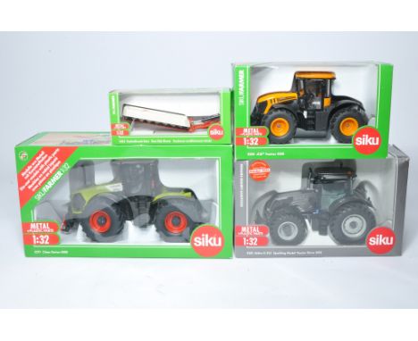 A group of four Boxed Siku 1/32 diecast farm models including limited edition Valtra tractor, JCB and Claas Xerion, plus rear