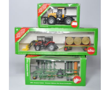 Siku trio of 1/32 diecast farm model issues, all look to be excellent in boxes, as shown. Boxes do have signs of storage wear