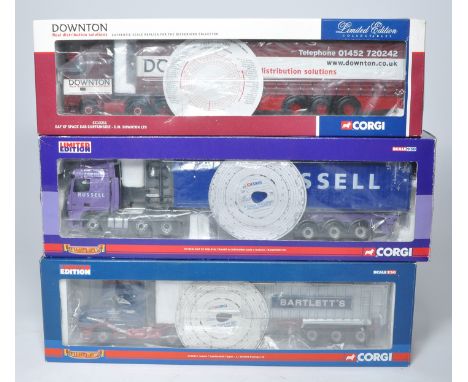 Corgi 1/50 diecast model truck trio comprising tractor trailer combinations in liveries of Downton, Russell and Bartlett. All