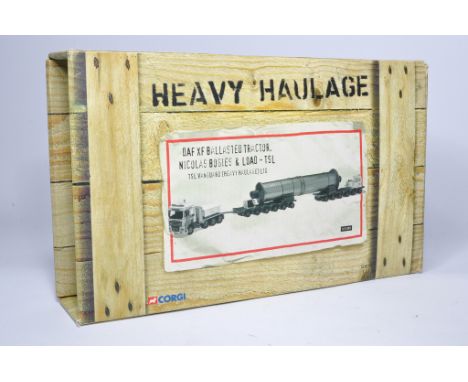 Corgi 1/50 diecast model truck comprising Heavy Haulage issue CC13209 DAF XF Ballasted Tractor Nicolas Bogies &amp; Load in t
