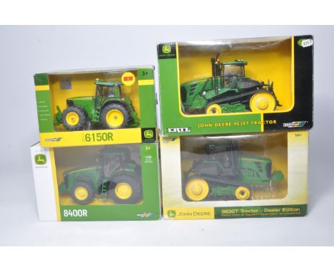 A group of four 1/32 John Deere Model Tractor issues from Siku and Britains. Some with repairs / modifications. All with hand