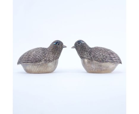 Pair of Chinese Silver Bird Trinket or Betel Nut Boxes. Each with enameled filigree feathers. Signed SILVER. Minor losses or 