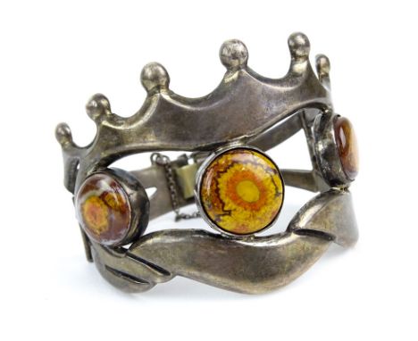 Mid 20th Century Mexican Taxco Sterling Silver and Agate Cuff Bangle Bracelet. Signed and numbered, Good vintage condition. M