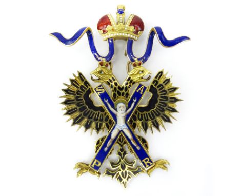 Rare Circa 1896-1904 Imperial Russian, St. Petersburg 56 Gold (14K) and Enamel Sash Badge of the Order of Saint Andrew the Fi