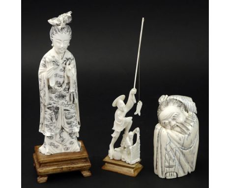 Grouping of Three (3) Oriental Carved Ivory Figures. One figure is signed, two affixed to bases. Good condition. Largest meas