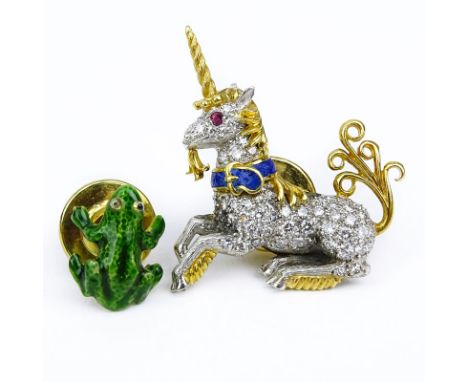 Vintage Tiffany & Co Diamond, Platinum, Enamel, Ruby and 18 Karat Yellow Gold Unicorn Tie Pin together with Vintage Tiffany &