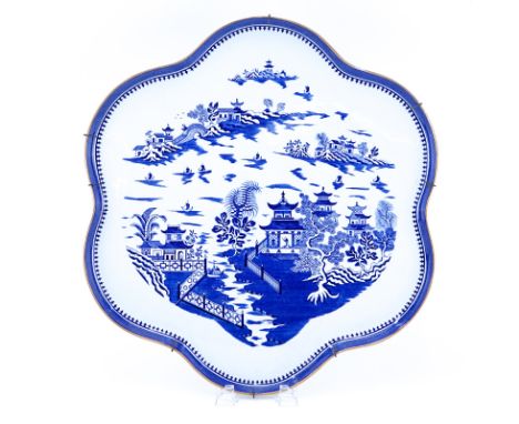 Large Royal Worcester "Blue Willow" Blue and White Porcelain Tray. Signed. Rubbing to gilt or else good condition. Measures 2