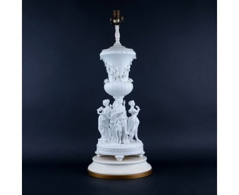 20th Century Sevres Style Bisque Figural Lamp. Unsigned. Restoration to one flower or else good condition. Measures 25-1/2" H