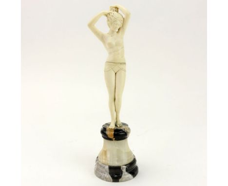 Art Deco Carved Ivory Nude Figurine on Marble and Onyx Base. Unsigned. Possible restoration to foot or else good condition. M