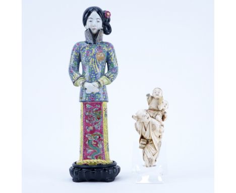 Chinese Famille Rose Porcelain Female Figure along with Japanese Polychrome Ivory Grouping. Porcelain figure has been restore