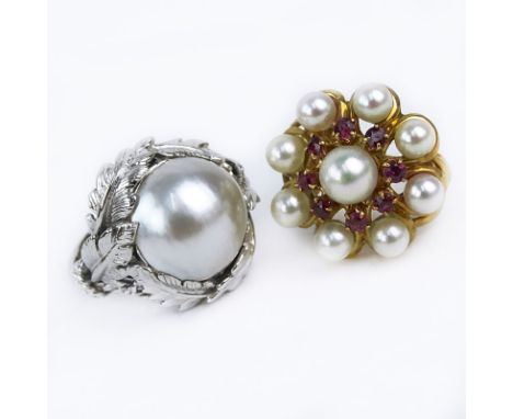 Vintage 14 Karat White Gold and Mabe Pearl Ring together with Vintage 14 Karat Yellow Gold, Pearl and Ruby Ring. Mabe pearl m