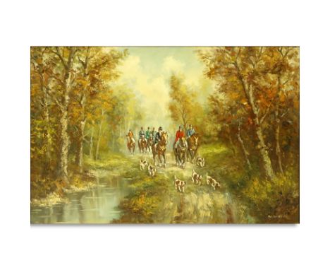 W. Grechow (20th Century) Oil on Canvas "Hunting Scene" Signed Lower Right. Good condition. Measures 24" H x 36-1/4" W, frame