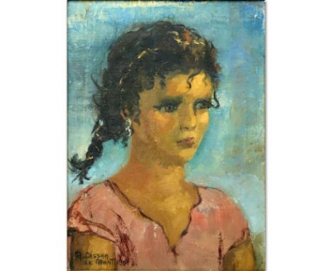 Mid Century Oil On Canvas "Portrait Of A Girl" Signed M. Cassan De Mont, dated 1951. Good condition, small breaks in frame. M
