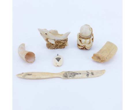 Collection of Six (6) Scrimshaw, Tooth and Bone Objects. Includes 2 figural boxes, 2 whales teeth, letter opened and pendant.