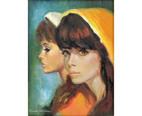 Sandu Liberman, Romanian (1923 - 1977) Oil on Canvas “Portrait of Two Women” Signed Lower Left. Korvette Art Gallery label en