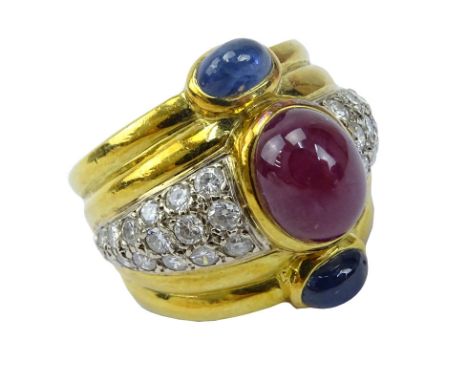 Possibly Vintage David Webb Cabochon Burma Ruby, Cabochon Sapphire, Pave Set Round Brilliant Cut Diamond and 18 Karat Yellow 