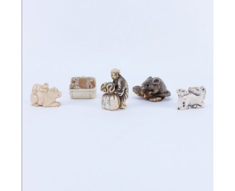Collection of Five (5) Carved Netsuke. Includes various figures of animals and a man. Figure of man is signed, the remainder 