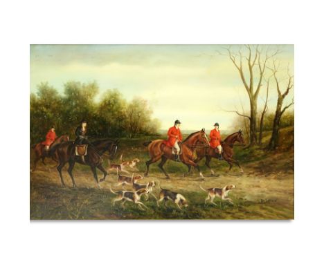 W. Larsen (20th Century) Oil on Canvas "Hunting Scene" Signed Lower Right. Good condition. Measures 24" H x 36" W, frame meas