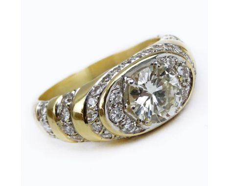 Man's Vintage Approx. 1.95 Carat Round Brilliant Cut Diamond and 18 Karat Yellow Gold Ring accented throughout with Approx. 2