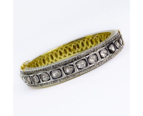 Rose Cut Diamond, 18 Karat Yellow Gold and Silver Bangle Bracelet. Unsigned. Good condition. Measures 3/8" W, 2-1/4" interior