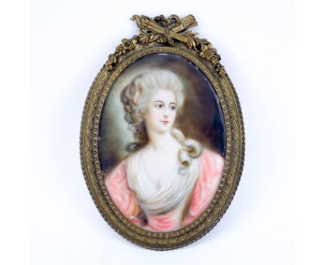 Antique Miniature Portrait of a Duchess in Gilt Brass Frame. Signed K. Halle. Rubbing to paint from handling or else good con