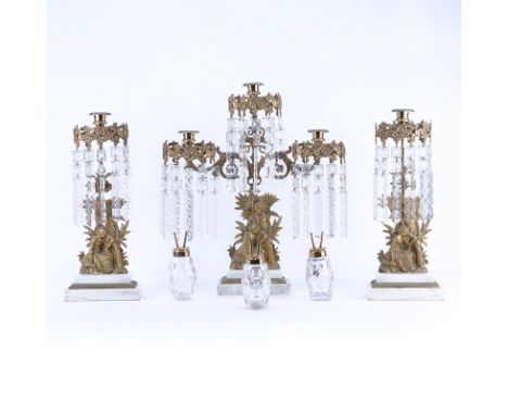 Antique Gilt Brass and Hanging Crystal Three Arm Figural Lamp with Candlesticks Set. Includes three oil canisters. Nicks to b