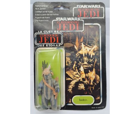 Palitoy Star Wars vintage Teebo Tri-logo ROTJ 70C. Fair to good.Bubble has crushing around bottom, but clear and not holes. S