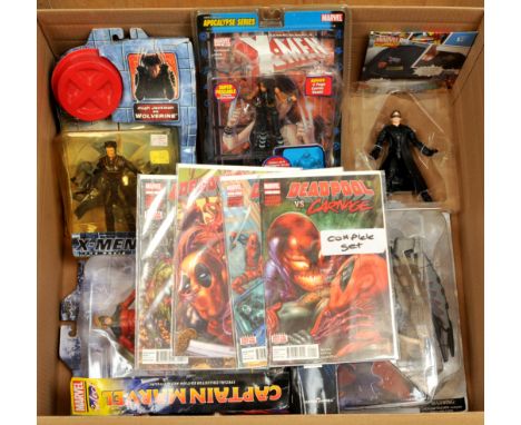 Quantity of Marvel figures &amp; comics, to include Deadpool vs Carnage 1 - 4, Diamond Select Falcon figure, ToyBiz X-Men the