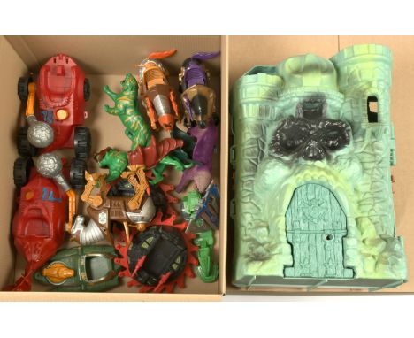 Quantity of Mattel vintage Masters of the Universe loose vehicles and Castle Greyskull playset, to include Bashasaurus, Road 