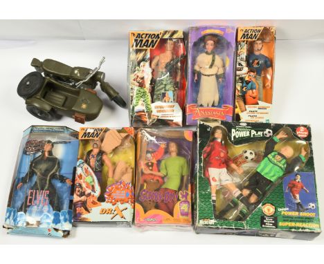 Quantity of large scale figures, to include Hasbro modern issue Action Man, Mattel Ken as Shaggy (Scooby-Doo), Mattel Elvis, 