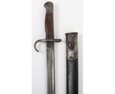 British 1907 Hooked Quillon Bayonet, with two piece wooden slab grips. No oil hole to the pommel. Cross guard and muzzle ring