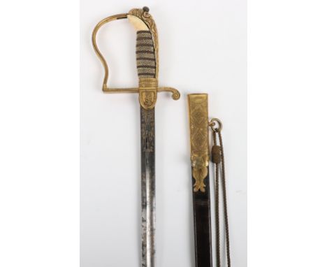 ^ Naval Officers Dress Sword c.1820, slender single edge blade cut with a single fuller and etched with martial and floral tr