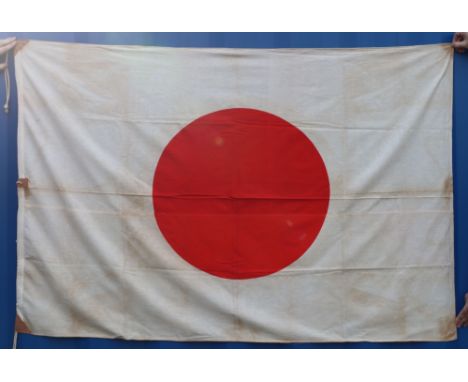 * Large WW2 Japanese Army Barrack Flag, being the meatball pattern example in white cotton cloth the brown leather covered ta