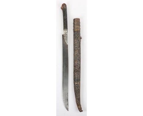 * Silver-Coloured Metal Mounted Ottoman Dagger Bichaq c.1900, slightly recurved single edge blade, hilt and sheath embossed w