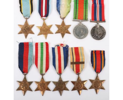 British WW2 Campaign Stars, consisting of 1939-45 star, Atlantic star, Africa star with 1st Army bar, Italy star, Burma star,