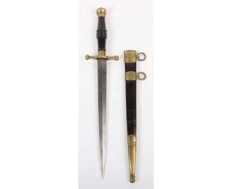 * Late Victorian Society Dagger, shallow diamond section blade etched with scrolls, brass mounted hilt with turned wooden gri
