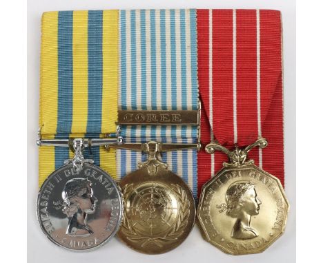 * Canadian Korean War Medal Group of Three, consisting of Queens Korea medal, Canadian issue, “SE 7376 C BELAND”, United Nati