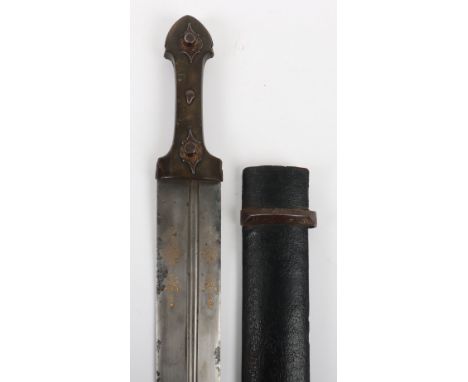 * Large Caucasian Dagger Qama, broad double edge blade cut with a pair of deep off-set fullers and with two cartouches damasc