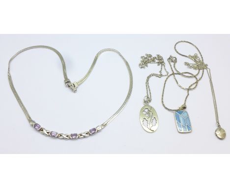 Three silver pendants and chains and a silver and amethyst necklet