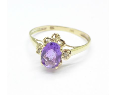 A 9ct gold, amethyst and diamond ring, 1.2g, O