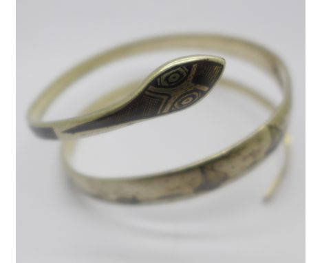 A white metal niello snake bangle with Nile scenes