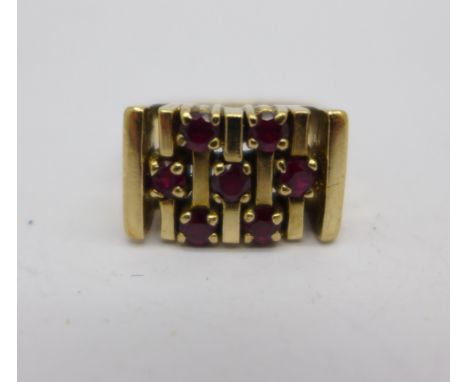 A 9ct gold and ruby ring, 7.4g, O