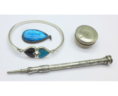A sterling butterfly wing pendant, a hallmarked silver pill box, (dented ), a .800 silver 'heart'  bangle and a propelling pe