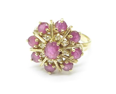 A 9ct gold, ruby and diamond cluster ring, 4.2g, Q