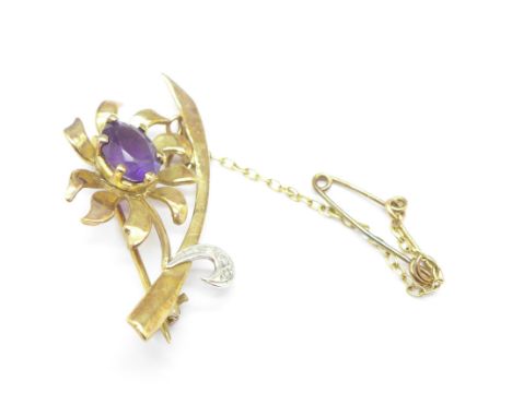 A 9ct gold, amethyst and diamond brooch, 3.6g