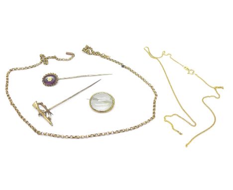 Two 9ct gold chains, a/f, 7g, two stick pins and a brooch, a/f