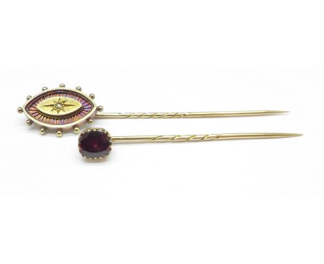 Two yellow metal stick pins, one set with an old cut diamond and one set with a garnet, 5.3g