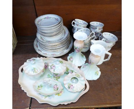 A dressing table set and a part teaset, (10 cups, 12 saucers, 10 side plates)